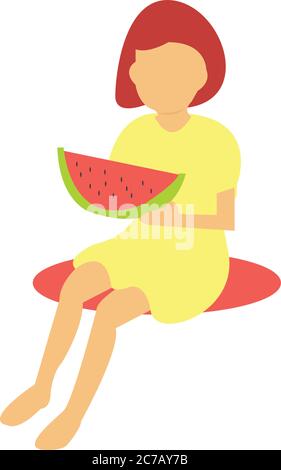 Frau in Kleid essen eine Scheibe Wassermelone Stock Vektor