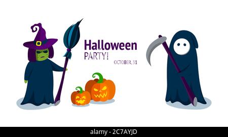 Gruselige Hexe und der Sensenmann. Halloween-Figuren mit geschnitzten Kürbissen. Halloween Party Einladung. Vektorgrafik. Stock Vektor