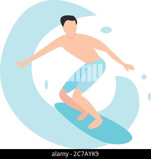 Mann, der auf den Wellen im Meer surft Stock Vektor