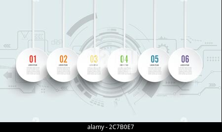 Template Timeline Infografik Technologie horizontal nummeriert für sechs Positionen kann für Workflow, Banner, Diagramm, Webdesign, Flächendiagramm verwendet werden Stock Vektor