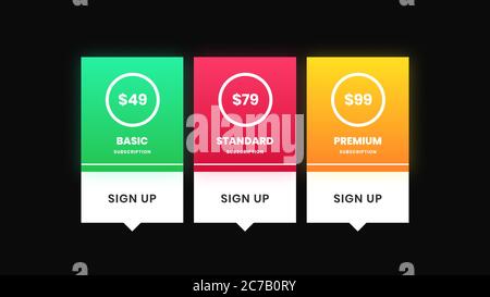 Illustration der Preisgestaltung Subskriptionsplan-Tabellenvorlage, UI UX Interface Design-Elemente. Preisliste 3 Optionen Pläne Infografik Design Vorlage für Stockfoto