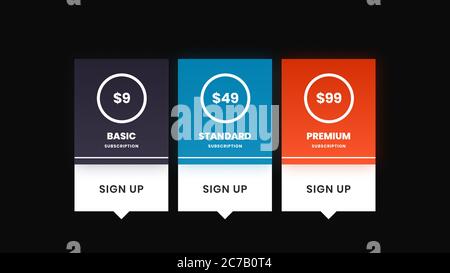 Illustration der Preisgestaltung Subskriptionsplan-Tabellenvorlage, UI UX Interface Design-Elemente. Preisliste 3 Optionen Pläne Infografik Design Vorlage für Stockfoto