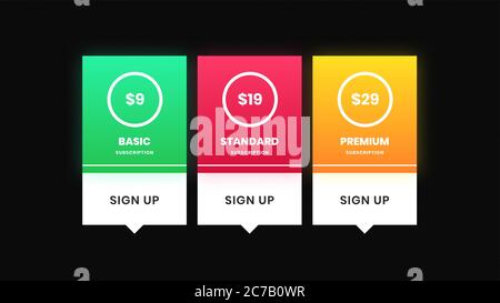 Illustration der Preisgestaltung Subskriptionsplan-Tabellenvorlage, UI UX Interface Design-Elemente. Preisliste 3 Optionen Pläne Infografik Design Vorlage für Stockfoto