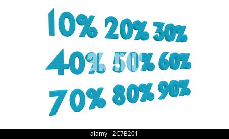 % Rabatt Verkaufsförderung auf 3d isoliert auf weißem Hintergrund gerendert. 10 20 30 40 und 50 60 70 80 90 % Rabatt Stockfoto