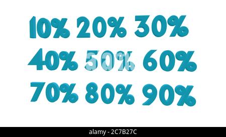 % Rabatt Verkaufsförderung auf 3d isoliert auf weißem Hintergrund gerendert. 10 20 30 40 und 50 60 70 80 90 % Rabatt Stockfoto