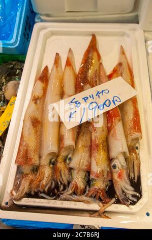 Frischer Tintenfisch zum Verkauf auf dem Tsukiji Fischmarkt in Tokyo, Japan. Stockfoto