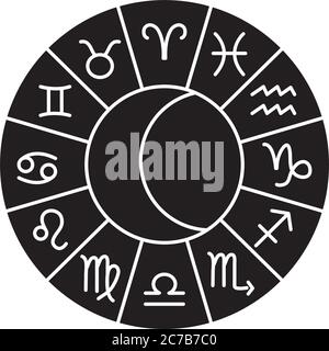 Sternkreis Kreis mit Astrologie Symbole Symbol auf weißem Hintergrund, Silhouette Stil, Vektor-Illustration Stock Vektor