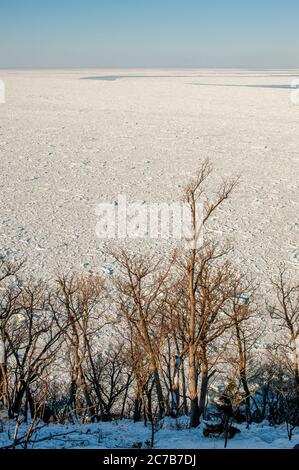 Blick auf das Meereis im Ochotsker Meer bei Utoro im Winter, Abashiri Shiretoko Nationalpark (UNESCO-Weltkulturerbe), Shiretoko Peni Stockfoto