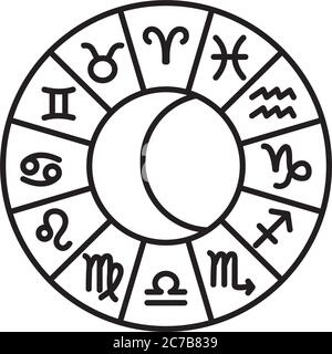 Sternkreis Kreis mit Astrologie Symbole Symbol auf weißem Hintergrund, Linienstil, Vektor-Illustration Stock Vektor