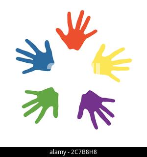 Farbige Kinderhände, Handdrucke, Hintergrund, für Werbekunststudios, frühe Entwicklung von Kindern, Vektorgrafik Stock Vektor