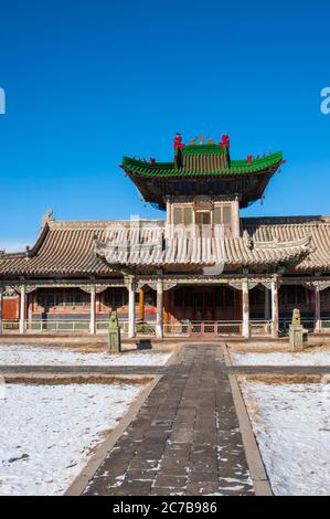 Der zwischen 1893 und 1906 erbaute Winterpalast des Bogd Khan befindet sich im südlichen Ulaanbaatar in der Mongolei. Stockfoto