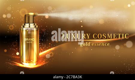 Sprühnebel kosmetische Flasche Werbebanner. Gold Kosmetik-Tube auf elegant verschwommenem Hintergrund mit goldenem Glitzer und Lichtwellen, Essenz, Schönheit Hautpflege-Produkt, realistische 3d-Vektor-Anzeigen Promo Poster Stock Vektor