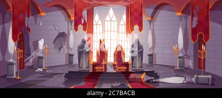 Verlassene mittelalterliche Burg mit goldenen Königsthronen. Vektor Cartoon Interieur des alten schmutzigen Palast mit König und Königin Stühle, Steinstatuen von Rittern, zerrissene Fahnen und gebrochene Säulen und Boden Stock Vektor