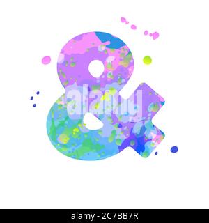 Ampersand mit Wirkung von flüssigen Farbflecken in blau, grün, rosa Farben, isoliert auf weißem Hintergrund. Dekorationselement für die Gestaltung eines Flyers, Plakats, Kalenders, Deckblattes, Titels. Stock Vektor