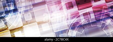 Abstraktes Bright Tech Web Header Banner. Vektor geometrischer Hintergrund mit Zahnrädern und Quadraten. Futuristische Illustration Stock Vektor