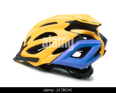 Gelb und blau Fahrradhelm isoliert auf weißem Hintergrund Stockfoto