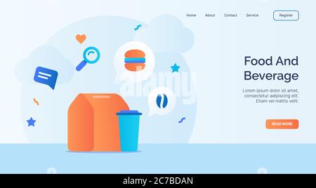 Lebensmittel und Getränke Symbol Kampagne für Web-Website Startseite Landing Template Banner mit Cartoon-Flat-Stil. Stock Vektor