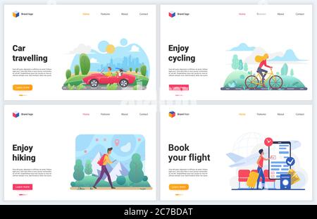 Transport für Reisen Urlaub Vektor-Illustrationen. Kreatives Konzept Banner Set, Website-Design für den Tourismus mit Menschen Reisende genießen Transport, Wandern oder Reisen mit Flugzeug, Auto und Fahrrad Stock Vektor