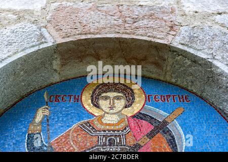 Saint George Mosaik an der Kirche in Dobrilovina Kloster, Serbisch-Orthodoxe, Durmitor Nationalpark, Montenegro Stockfoto