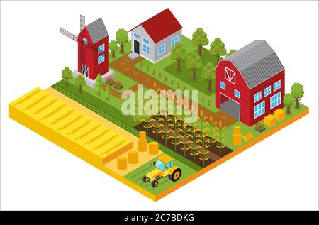 Farm isometrische Vorlage mit Mühle, Garten, Bäume, landwirtschaftliche Fahrzeuge, Bauernhaus und Gewächshaus Vektor-Illustration Stock Vektor