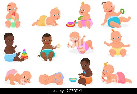 Set mit niedlichen kleinen Baby in verschiedenen Situationen. Spielen, Schlafen, Sitzen, Liegen, Krabbeln Baby. Glücklich lächelnd neugeborenen Jungen oder Mädchen. Vektorgrafik. Stock Vektor