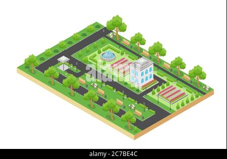 Isometrische Vektor-Design von grünen Stadtpark mit Erholungsgebiet und Bäumen isoliert auf weißem Hintergrund Stock Vektor