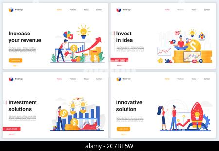 Investieren Sie in innovative kreative Geschäftsidee Konzept Vektor-Illustrationen. Cartoon flaches Banner-Set, Interface-Website-Design mit Investitionen Erfolg Lösung, Startup-Innovation, Beratung Entwicklung Stock Vektor