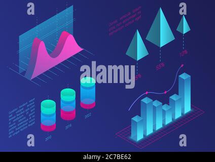 Infografik isometrische Vektorgrafikelemente. Daten- und Geschäftsfinanzdiagramme. Statistische Daten. Vorlage für Präsentation, Verkaufsbanner, Einkommensbericht Design, Website Stock Vektor