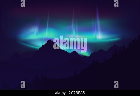 Schöne Aurora Borealis Nordlichter in Nachthimmel über Berg. Vektorgrafik Stock Vektor