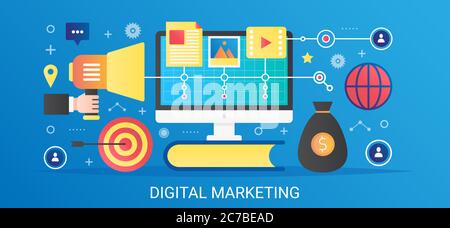 Moderner Vektor-Flat Gradient Digitaler Marketing-Konzept-Banner mit Icons und Text Stock Vektor