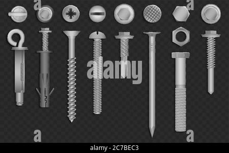 Realistische 3d Vektor Schrauben, Muttern, Schrauben, Nieten und Nägel zur Befestigung und Befestigung auf schwarzem transperanten Hintergrund Stock Vektor