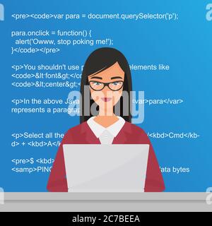 Junge hübsche Frau Programmierer sitzen am Desktop und arbeiten auf dem Laptop. Codierer Codierung flache Vektor Illustration Konzept Stock Vektor