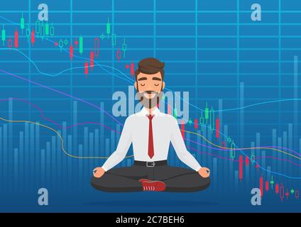 Junge Mann Trader meditieren unter fallenden Krypto oder Börse Chart. Business Trader, Finanzmarktgraph Konzept. Sinkender Aktienmarkt Stock Vektor