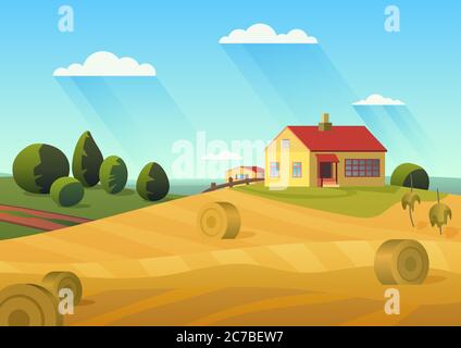 Bunte Vektor-Illustration von Bauernhaus in der Landschaft mit goldenen Heuhaufen und blauen Himmel Stock Vektor