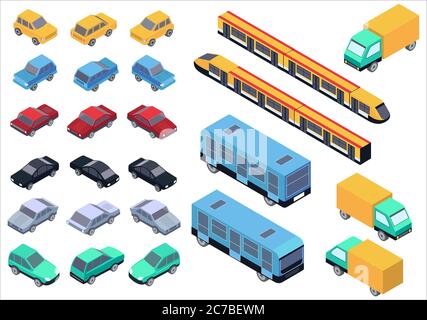 Vektor Isometrisches Auto, Bus, LKW und Zug isoliert Stock Vektor