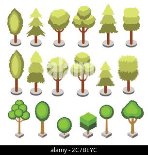 Isometrisches 3d mit verschiedenen Formbäumen isoliert einstellen. Vektor isometrische Baum Symbole für isometrische Karten, Spiele-Design Stock Vektor