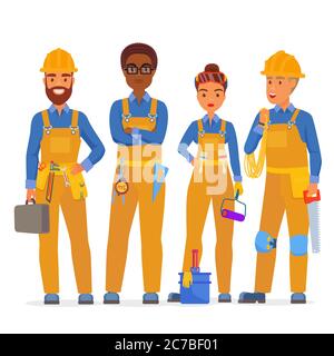 Professionelle Bauarbeiter Spezialisten Charaktere Team. Freundliche Arbeiter in Arbeitskleidung uniform stehen zusammen. Flache Vektorgrafik Stock Vektor