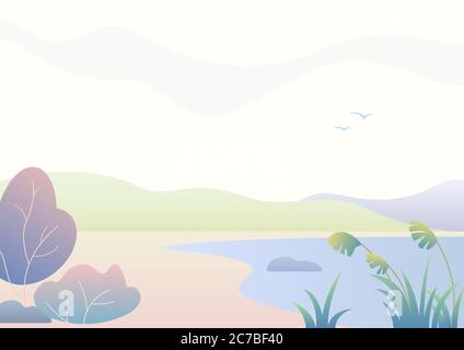 Fantasie, einfache Herbstlandschaft mit See, moderne Gradienten Natur Vektor Illustration Stock Vektor