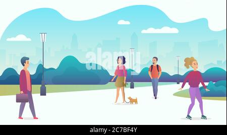 Menschen leben in der modernen Öko-Stadt. Menschen entspannen in der Natur in einem schönen Stadtpark mit Wolkenkratzern im Hintergrund. Trendy Cartoon Farbverlauf Vektor Illustration Stock Vektor