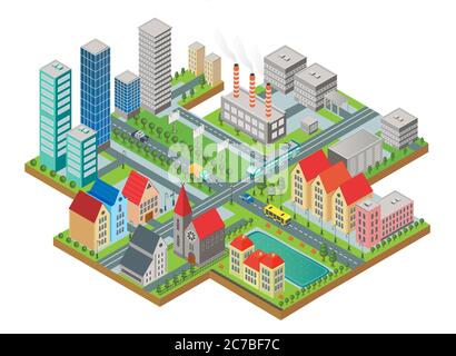 3d isometrische dreidimensionale moderne Stadtansicht. Stadt mit Straßen, Wolkenkratzern, Zivilgebäuden und Verkehr Stock Vektor