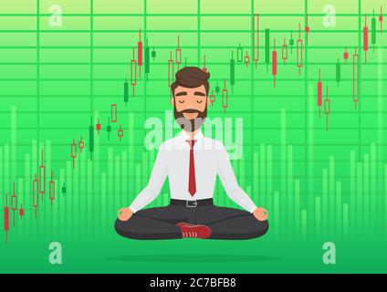 Junge Trader meditieren unter dem steigenden Krypto oder Börsenchart. Business Trader, Finanzmarktgraph Konzept. Steigende grüne Gewinne Aktienmarkt. Balance-Gefühl Stock Vektor