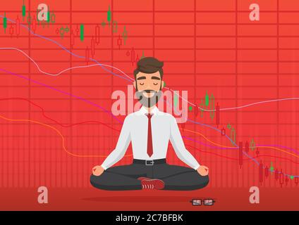 Junge Mann Trader meditieren unter fallenden Krypto oder Börse Chart. Business Trader, Finanzmarktgraph Konzept. Fallender Aktienmarkt für Rotblut. Balance-Gefühl. Stock Vektor