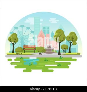 City öffentlichen Park Vektor Illustration Konzept Poster mit Bank, Bäume, Brunnen, Pflanzen auf modernen Stadthintergrund. Grüne Öko-Landschaft Stock Vektor