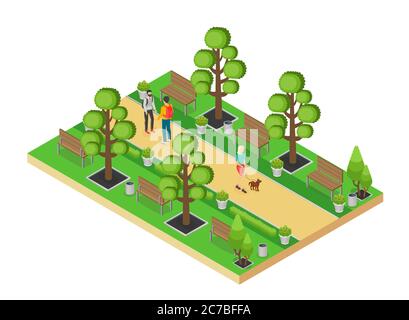 Vektor isometrisches Element des grünen Parks mit Gasse und Menschen zu Fuß isoliert auf weißem Hintergrund Stock Vektor