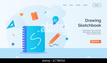 Zeichnung Skizzenbuch Symbol Kampagne für Web-Website Startseite Landung Vorlage Banner mit Cartoon flachen Stil Stock Vektor