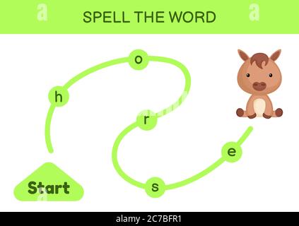 Labyrinth für Kinder. Rechtschreibwortschablone. Lernen Sie Wort Pferd lesen, druckbare Arbeitsblatt. Aktivitätsseite für die englische Sprache. Stock Vektor