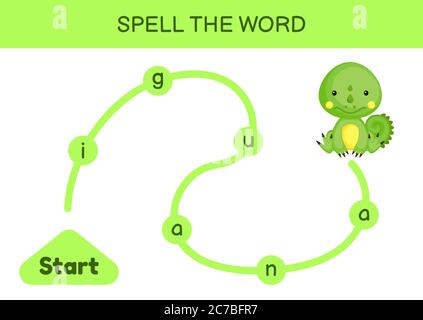 Labyrinth für Kinder. Rechtschreibwortschablone. Lernen Sie Wort Leguan lesen, druckbare Arbeitsblatt. Aktivitätsseite für die englische Sprache. Stock Vektor