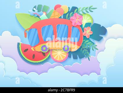 Vector trendy Gradient Papier Stil Sommerurlaub Konzept mit Bus in Wolken, Früchte, Cocktail, Eis, Palmen tropischen Blättern und Blumen Stock Vektor