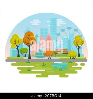 Stadt öffentlichen Herbst Park Vektor Illustration Konzept Poster mit Bank, Bäume, Brunnen, Pflanzen auf modernen Stadthintergrund. Vector öffentlicher Herbstpark mit bunten Bäumen der Saison Stock Vektor