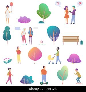 Sommer Menschen Outdoor-Aktivität im Park Symbole gesetzt. Moderne Gradient flache Design Vektor Illustration Stock Vektor